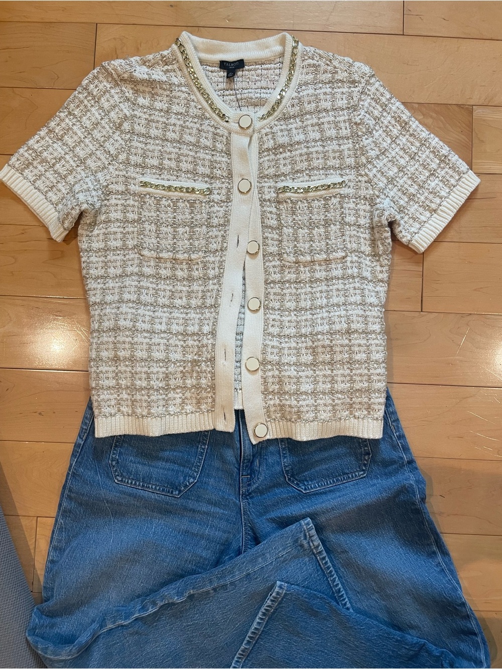 Talbots Cream Tweed Short-Sleeve Cardigan with Gold Trim